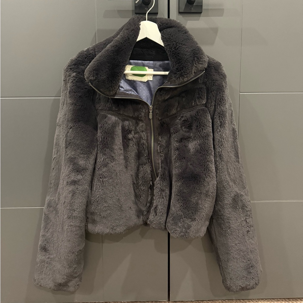 Anthropologie Plush Fur Zip-Front Jacket in Charcoal Gray